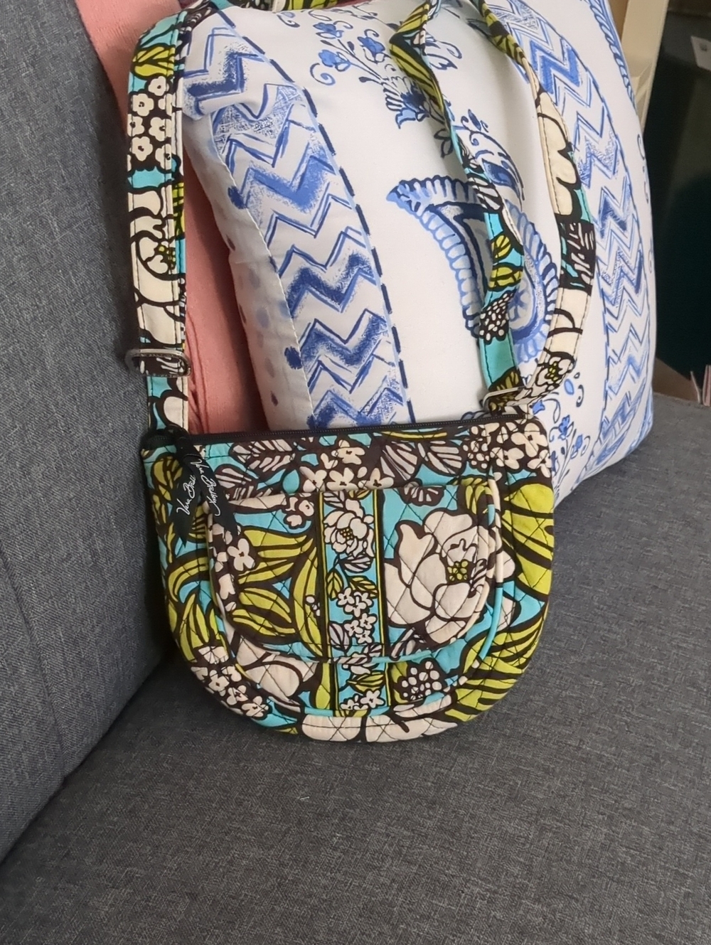 Vera Bradley Floral Quilted Crossbody Bag in Teal, Lime & Cream